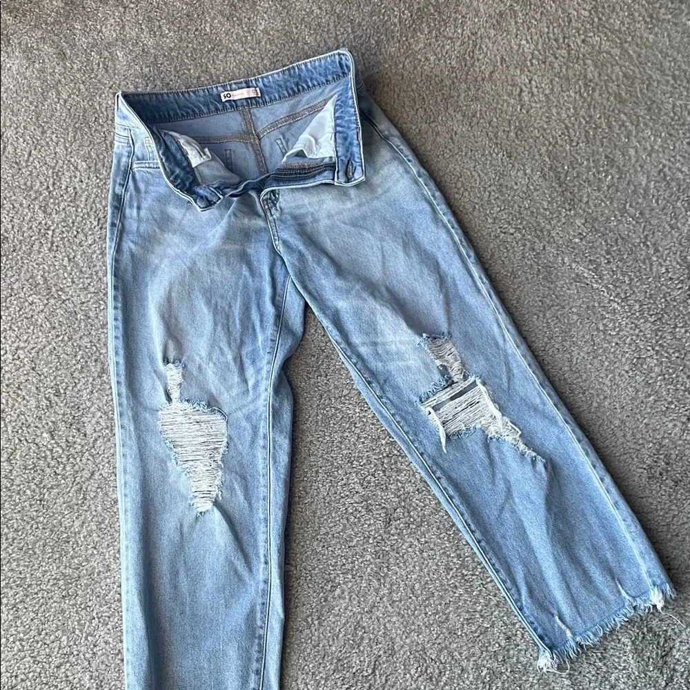 SO Women's Distressed Light Blue Straight Leg Jeans - Picture 5 of 7